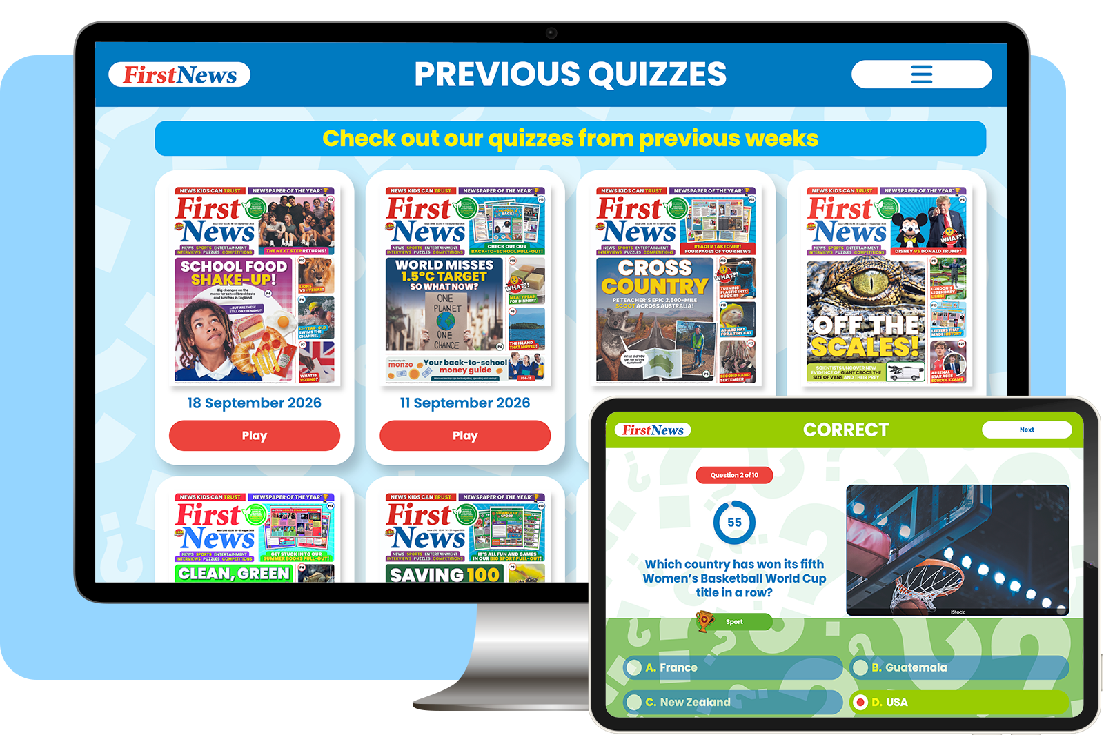 First News Weekly Quiz shown on desktop and tablet screens
