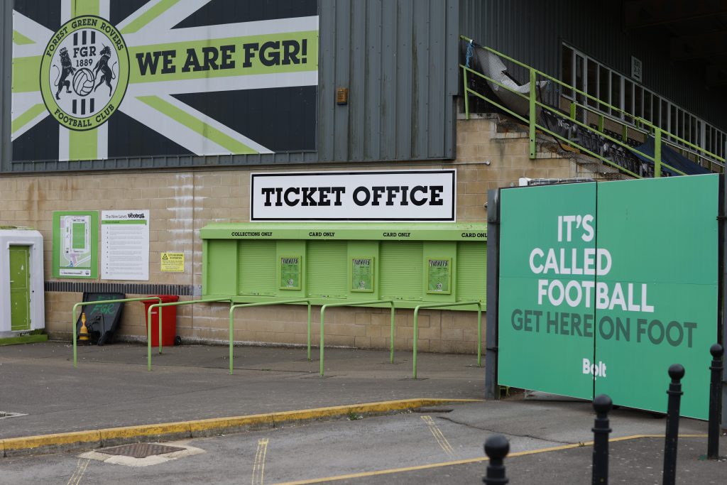 A broad image of The Bolt New Lawn, the home field of pro-green-football club Forest Green Rovers, taken on September 3, 2022, in Nailsworth, United Kingdom.
