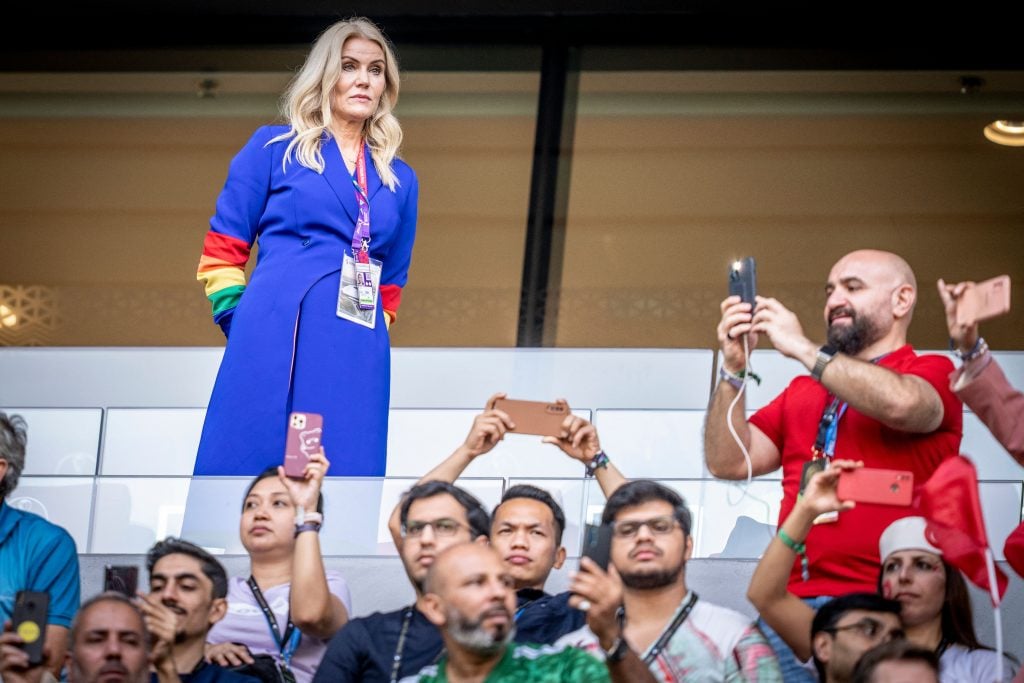 Former Danish prime Minister Helle Thorning-Schmidt, who is now head of Governance and Development committee at the Danish Football Association, wears rainbow coloured sleeve on her outfit in support of LGBTQ+ rights ahead of their Group D encounter against Tunisia at the Education City Stadium in Al-Rayyan, west of Doha on November 22, 2022.