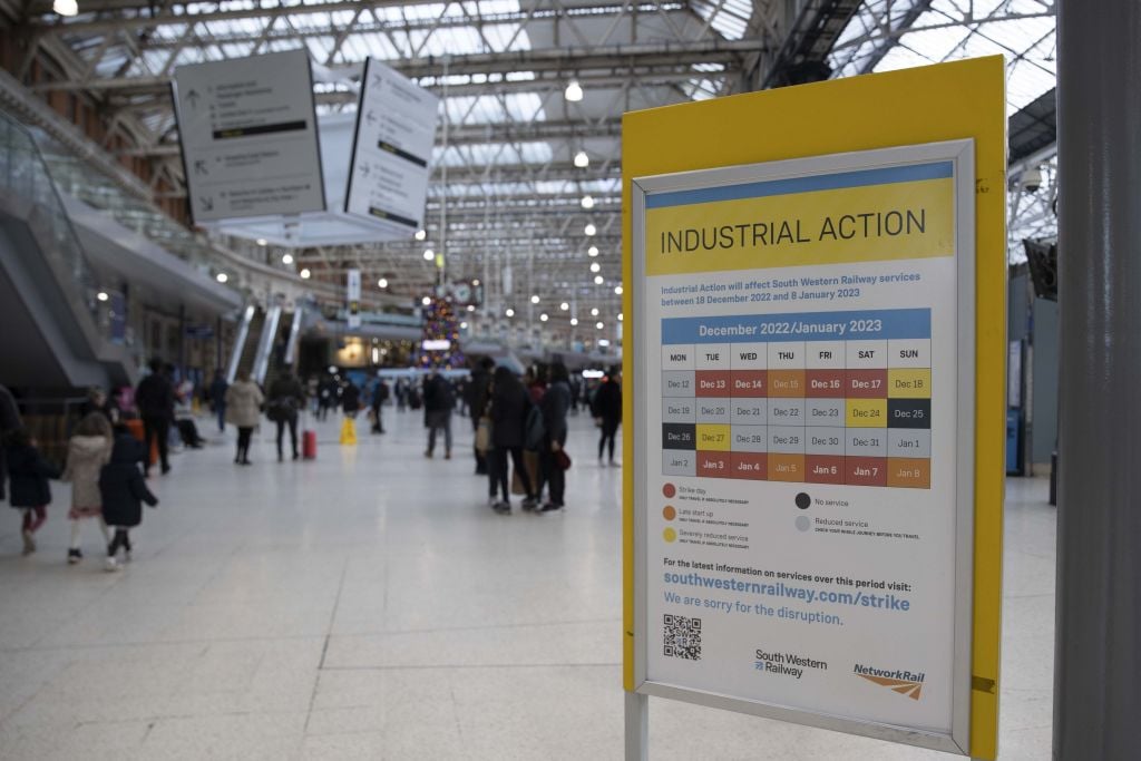 A view from South Western Railway during a general strike of road and railway workers in London, United Kingdom on December 21, 2022. The general strike started by road and railway workers due to the disagreement in wage increase and working conditions in the country caused serious disruptions in transportation.