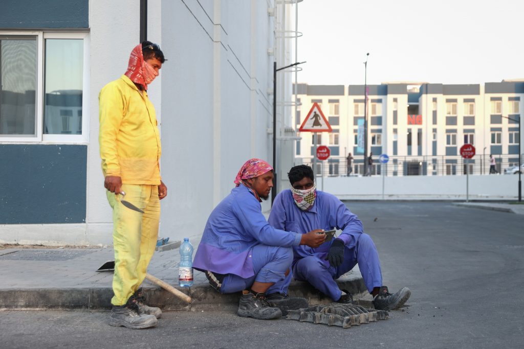 Workers on site in Doha, Qatar in preparation for the FIFA World Cup Qatar 2022.