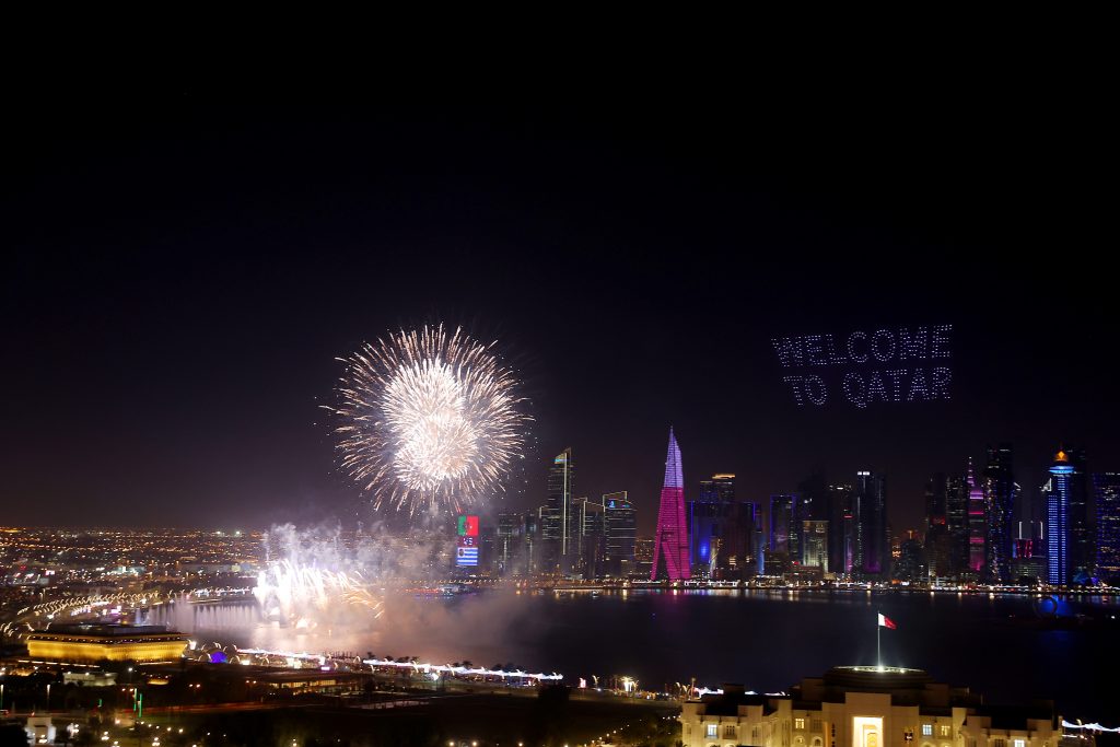 Fireworks set off on November 28, 2022 in Doha, Qatar as a pre-match show during the FIFA World Cup Qatar 2022.