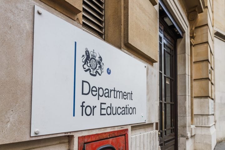 Department for Education sign on government building Close up of the Department for Education sign on a government building symbolizing education authority. London, UK, 16 March 2024